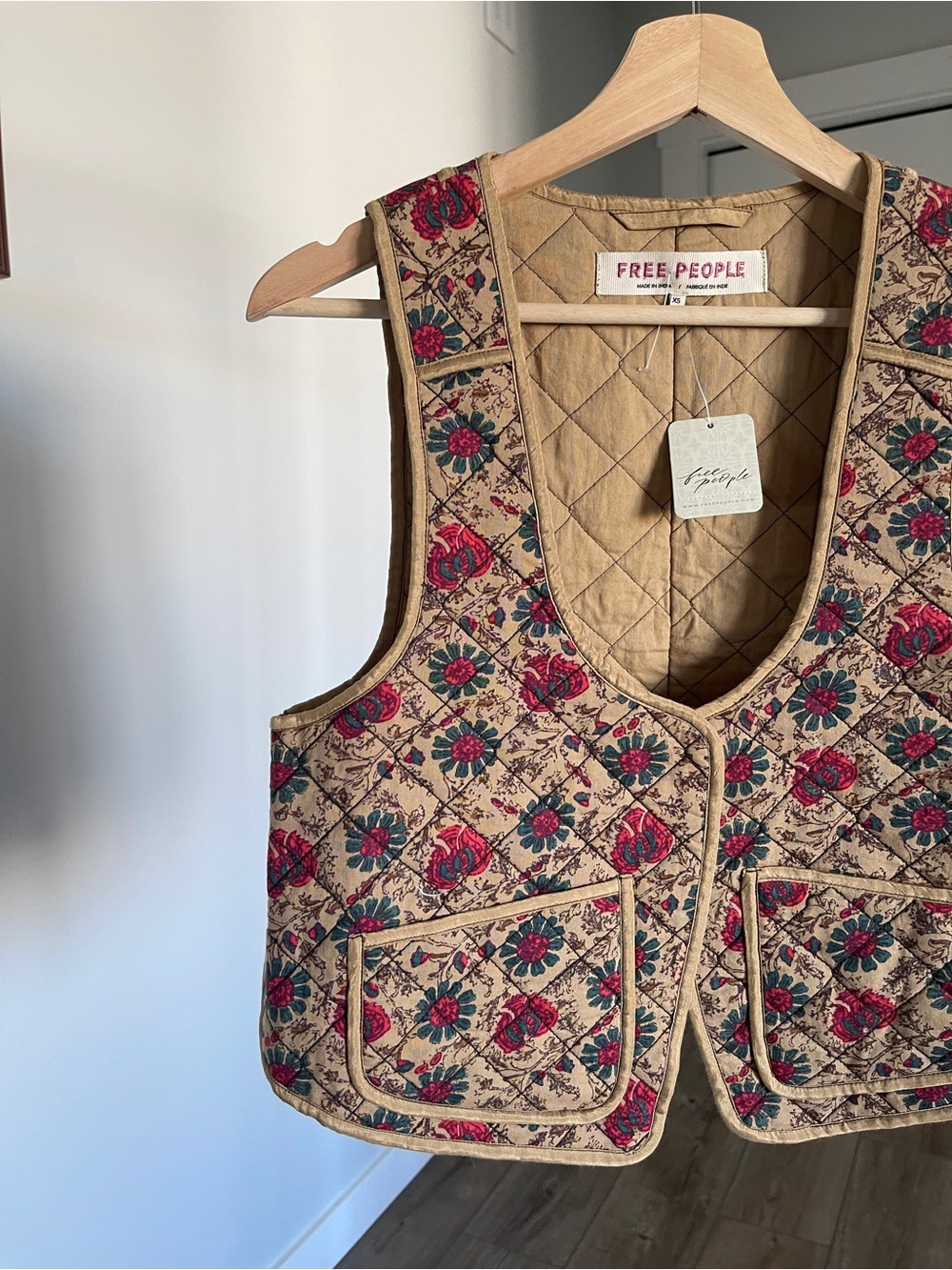 Free People Quilted Floral Vest in Tan with Red & Teal Floral Print